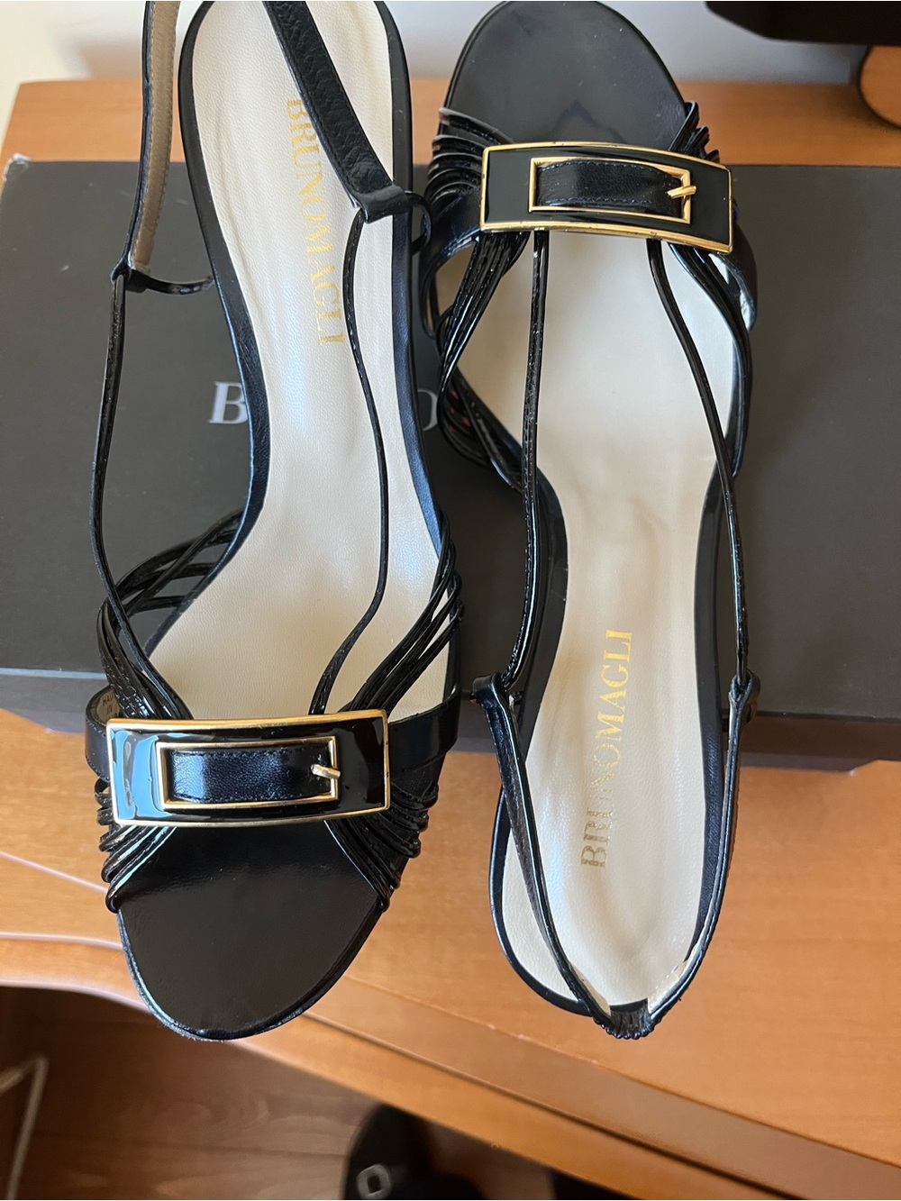 Bruno Magli Black Patent Leather Slingback Sandals with Gold Buckle